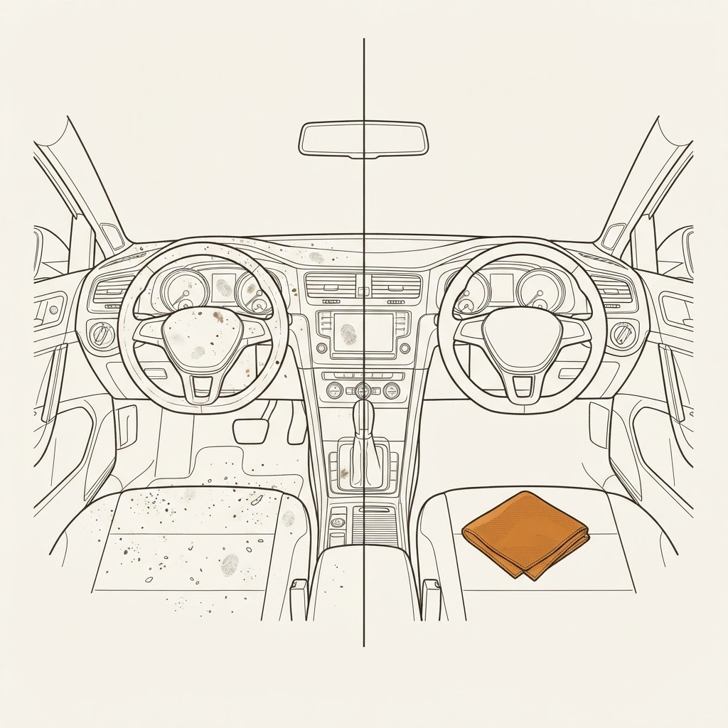 Ilustração comparando o mesmo banco de carro antes, com migalhas e poeira, e depois, limpo, do mesmo lado da passagem.