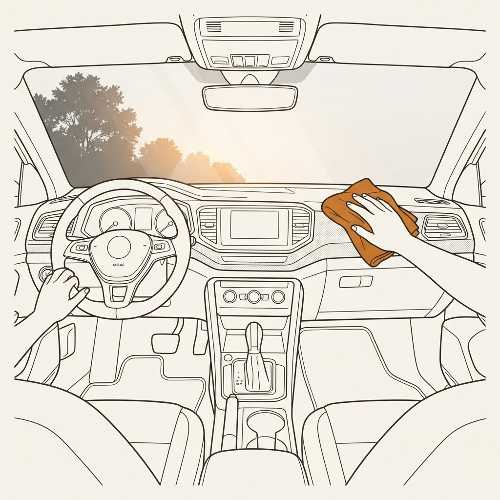 Ilustração de mãos a passar um pano de microfibra no tablier de um carro, à luz da manhã, representando a passagem de limpeza a seco entre dois clientes.