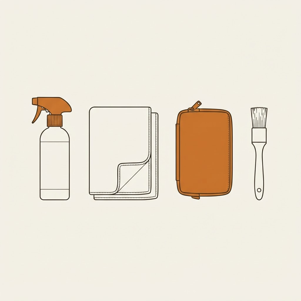 Ilustração dos itens do Kit Bordo dispostos lado a lado: frasco de limpador a seco, dois panos de microfibra dobrados, bolsa pequena e escova compacta.